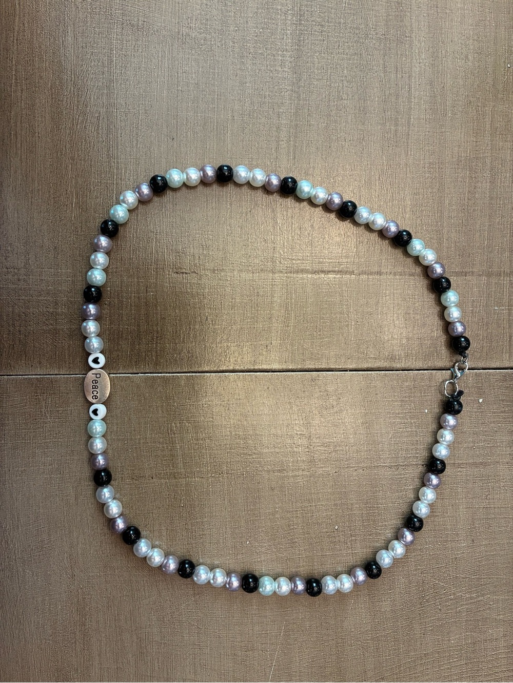 Peace Bead Necklace - Iridescent Pearl & Black Beads